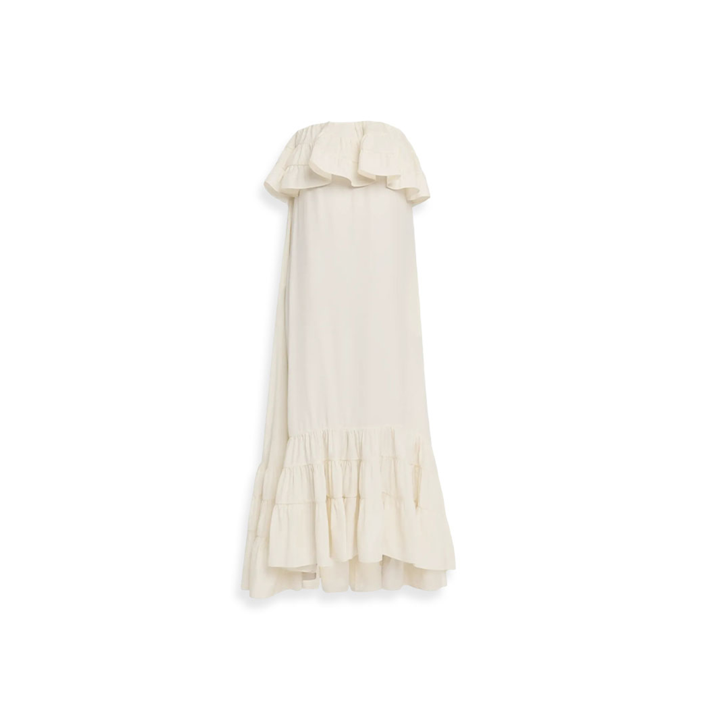 YSL STRAPLESS TIERED RUFFLE HIGH-LOW MIDI DRESS 